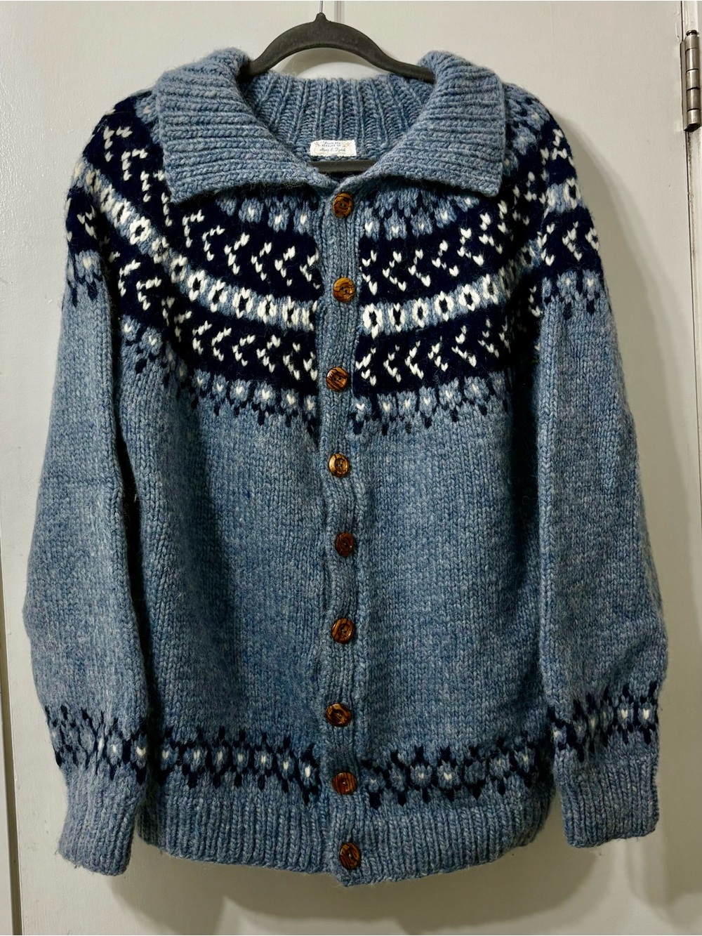 Blue Patterned Wool Button-Up Sweater Cardigan Handmade by Mary E Tysluk